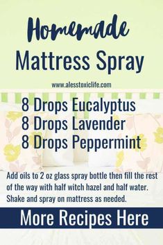 Reduce your exposure to toxins by making your own homemade disinfectant spray for fabric with essential oils. Easy DIY recipes. Essential Oil Mattress Spray, Homemade Disinfectant Spray, Homemade Mattress, Mattress Spray, Eucalyptus Lavender, Doterra Essential Oils Recipes, Essential Oil Diffuser Blends Recipes, Essential Oil Spray