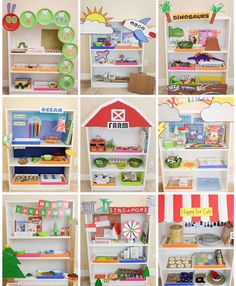 a collage of photos showing different shelves with toys in them and the words farm on each shelf