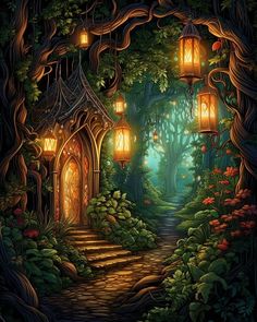 a painting of a fairy house in the woods with lanterns hanging from it's roof