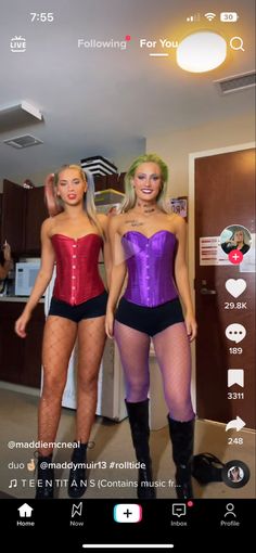 Hollowed Costumes For Women, Harley Quinn Costume Corset, Holloween Costume Unique, Thruple Halloween Costumes, Harley Quinn And Joker Girls Costume, Joker And Harley Quinn Two Girls Costume, College Girl Halloween Costume Ideas, Superhero College Costume, Harley Quinn And The Joker Costume Bff