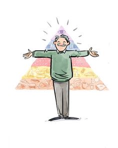 an older man standing in front of a pyramid with his arms spread out to the side