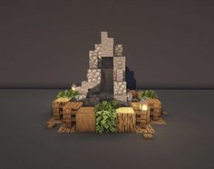 an image of a stone tower with plants growing out of it's sides and on the ground