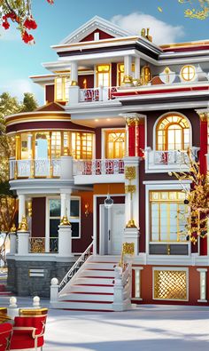 a large red and white house with stairs leading up to the second floor, surrounded by trees