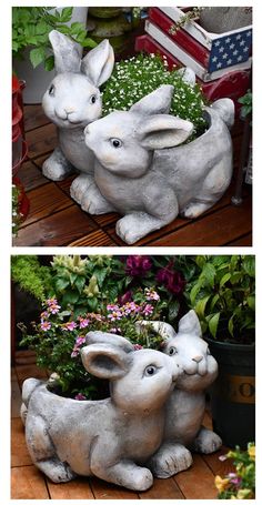 two pictures of rabbits in flower pots on the ground