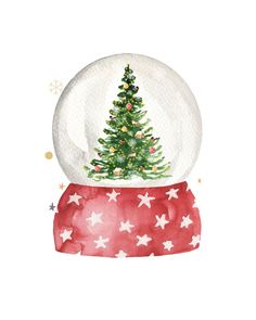 a watercolor painting of a snow globe with a christmas tree inside and stars around it