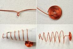 four pictures showing how to make a wire wrapped lamp shade holder with copper colored wire