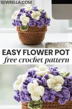 the crochet flower pot is made from two different types of yarn and has flowers in it