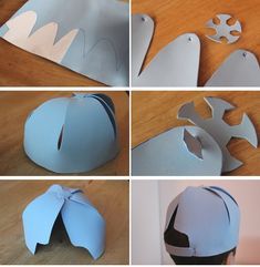 four pictures of different shapes and sizes of paper hats with bows on the top, bottom, and bottom