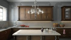 a large kitchen with wooden cabinets and white counter tops