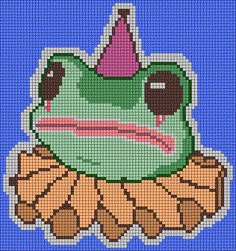 a cross stitch pattern of a frog with a hat on it's head sitting on top of a piece of wood