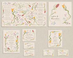 the wedding stationery is decorated with flowers and leaves, which are hand - painted