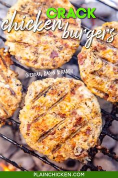 Crack Chicken Burgers - the BEST ground chicken burger EVER!!! We ate these for lunch and dinner on the same day. Who knew ground chicken burgers could taste so good?!? Ground chicken, cheddar cheese, bacon, ranch dressing mix. Can make patties ahead of time and refrigerate or freeze for later. These are a new favorite in our house! #lowcarb #keto #chicken #burger Diyjoy.com Recipes For, Easy Meat Entrees, East Delicious Dinner Recipes, Quick Grilling Ideas, Foods For Cookouts, Best Grilled Meat Recipes, Easy Grill Recipes For Family, Burger Grill Recipes, Homemade Ground Chicken Burgers