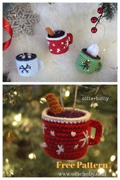 crocheted coffee mugs are hanging from a christmas tree and decorated with ornaments