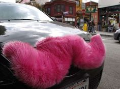 a pink stuffed animal is sticking out of the hood of a black car on a city street