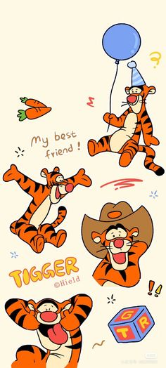 an image of tiger cartoon characters with balloons and hats on their heads, in different poses