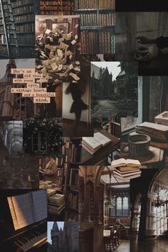 a collage of photos with books and other things in them, including an open bookcase