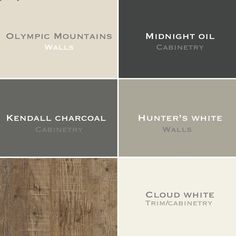 four different colors of wood with the names of them in white, gray and brown