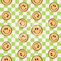 many smiley faces on a green and white checkered background