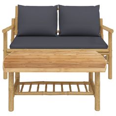 a wooden bench with two cushions on it