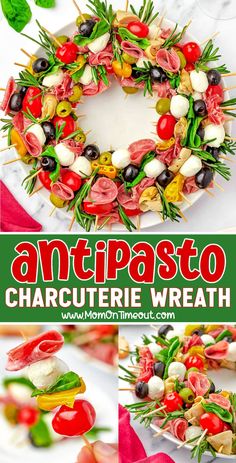 an assortment of different types of food on skewers with the words antepasto charcuterie wreath