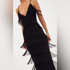 Out Of Stock Black Tassel Detail Strappy Maxi Dress Evening Maxi Dress With Tassels, Elegant Party Maxi Dress With Tassels, Party Maxi Dress With Tassels, Spring Party Maxi Dress With Tassels, Elegant Mini Dress With Tassels For Date Night, Chic Maxi Dress With Tassels, Black Maxi Dress With Fringe For Spring, Spring Black Maxi Dress With Fringe, Black Fringe Maxi Dress For Spring