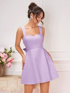 Lilac Purple Elegant Collar Sleeveless Woven Fabric Plain Cami Embellished Non-Stretch All Women Clothing Lavender Skater Dress, Purple Home Coming Dresses, Graduation Dress Purple, Purple Outfit Photoshoot, Lilac Graduation Dress, Pastel Dresses Short, Vestidos Color Lila, Lilac Dress Short, Lilac Short Dress