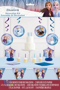 a frozen princess birthday party with decorations and cupcakes