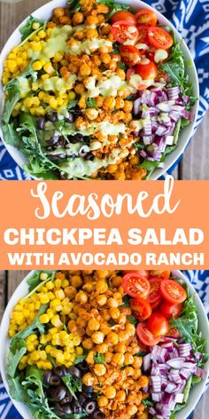 two bowls filled with chopped chickpea salad and topped with avocado ranch dressing