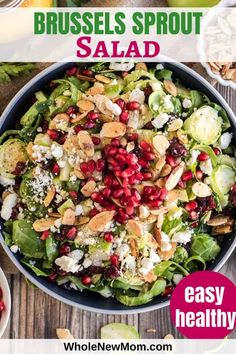 brussels sprouts salad with pomegranates and nuts in a bowl