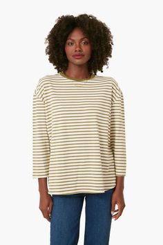 Olive Striped Knit Popover Striped Cotton Knit Top With Crew Neck, Striped Cotton Crew Neck Knit Top, Fine Knit Striped Tops For Spring, Striped Fine Knit Crew Neck Top, Striped Fine Knit Tops, Striped Fine Knit Casual Tops, Green Ribbed Knit Top For Fall, Casual Striped Fine Knit Tops, Oversized Striped Soft Knit Top