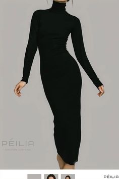 Peilia - Chic and Minimalistic High Neck Bodycon Dress with Stylish Hip-Hugging Design and Long Sleeves Elegant High Stretch Solid Bodycon Dress, Elegant Solid Color High Stretch Bodycon Dress, Solid Stretch Bodycon Dress With Flattering Silhouette, Fitted Long Sleeve Bodycon Dress With Flattering Silhouette, Fitted Long Sleeve Bodycon Dress, Stretch Sheath Bodycon Dress, Bodycon Dress Elegant, Black Long Sleeve Midi Dress, High Neck Bodycon Dress