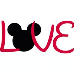 the word love is written in red and black with mickey mouse's head on it