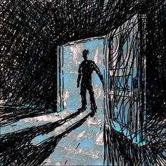 a drawing of a man walking into a doorway