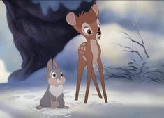 an animated image of a deer and a cat in the snow