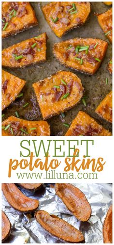 sweet potato skins with bacon and chives on top are shown in this collage