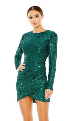 Here's a shimmering short sequin emerald green party dress that is as sparkly as it is stylish. With rows and rows of shimmering sequins from the high neckline to the tulip hem, this green sequin cocktail dress gets a sexy upgrade with an open back that flashes with every turn. Long sleeves offer a modest yet modern look on this backless short green dress, while the faux-wrap skirt ends in a trendy tulip hemline. So chic for cocktail parties, homecoming, and other semi-formal events, this eme... Green Semi Formal Dress Sequin, Green Sparkly Dress Sleeves, Long Sleeve Green Hoco Dress Short, Emerald Green Dress Formal Mini, Green Sequin Dress Short Long Sleeve, Green Sequin Dress Short Shein, Sparkly Emerald Green Mini Dress, Emerald Green Hoco Dresses Lond Sleeve, Emerald Green Sparkly Short Dress