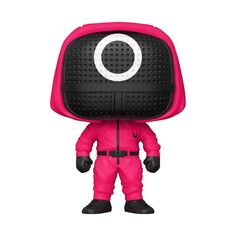 a pink and black figurine with a white circle on it's face