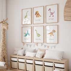 a child's room with toys and pictures on the wall