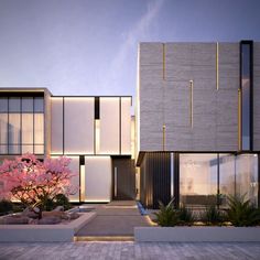 an architectural rendering of a modern house with large windows and plants in the front yard