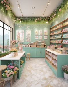 a flower shop with flowers hanging from the ceiling and shelves full of books on display