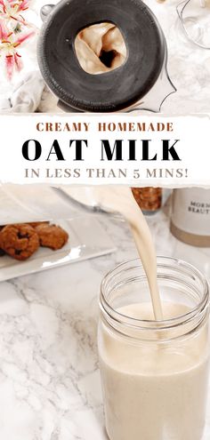 a glass jar filled with oat milk being poured into it