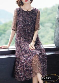 Chic O-Neck Print Wrinkled Silk Long Dresses Short Sleeve Dresses Short Sleeve, Comfortable Room, Dresses Short, Long Dresses, Cup Size, Long Dress