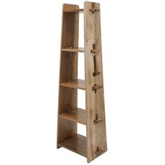 a tall wooden shelf with three shelves on each side