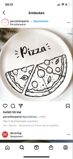 a plate that has pizza on it and the words pizza written in black ink next to it