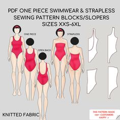 One Piece Swimwear | Strapless Swimwear| Printable Pdf Sewing Pattern Block Set, Sewing Pattern Block | Sizes |XXS-6XL| Knit Are you a self-taught sewer or a professional fashion designer? Fashion student or graduate, crafter, seamstress, tailor, or pattern maker? Do you create patterns for fun or professional? Then this is for you! It is a Women's Pdf Sewing Patterns Block (Sloper) for knitted fabrics It is a TOOL (Basic Template), to work with and develop into a variety of garments. You can manipulate them to create your own unique designs or use the patterns as they are and add seams only. SEWING TUTORIAL & SEAM ALLOWANCES NOT INCLUDED. You need basic knowledge of sewing clothes. SIZES: XXS-6XL (Check the size chart in the photos for details). FORMAT Digital files. Instant Download. *No Swimwear Sewing, Set Sewing Pattern, Swimwear Sewing Patterns, Strapless Swimwear, Clothes Sizes, Swimwear Pattern, Fashion Student, Pattern Maker, Basic Knowledge