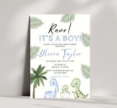 a dinosaur baby shower is shown with palm trees and blue watercolors on it