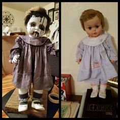 two dolls are shown side by side, one is creepy and the other has makeup on her face