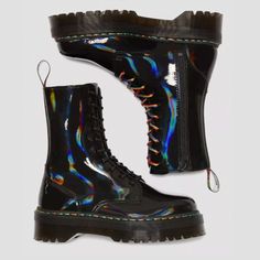 Dr. Martens Jadon Hi Rainbow Patent Platform Boots In Black Rainbow Super Rare The Jadon Boot Is A Fierce Evolution Of Our Iconic 10-Eye Boot, With A Super-Chunky Platform Sole And A Rugged Commando Tread That Brings A Tough, Extra-Empowering Vibe To Any Look. This Pair Is Built Using A Unique Black Leather That Reflects An Iridescent Rainbow Light. Wear These, And You'll Be Wearing The Party. Built On The Comfortable Dr. Martens Airwair Air-Cushioned Sole The Sole Is Secured Using One Of The Mo Maddie Aesthetic, Dr Martens Jadon Hi, Jadon Hi, Andrew Minyard, Galaxy Converse, Jadon Boots, Dr Martens Jadon, Shoes Dr Martens, Platform Chelsea Boots