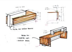 an architectural drawing of a desk and bench