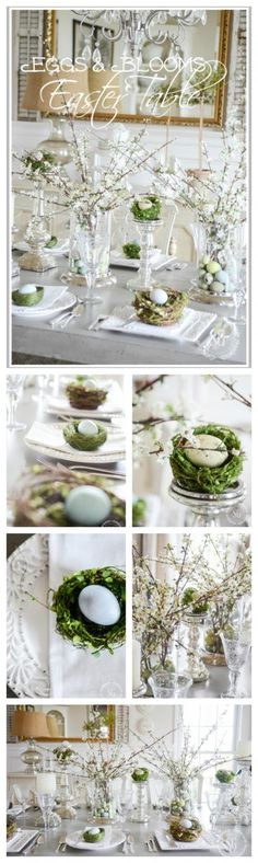 the table is set with plates and vases filled with flowers, greenery and candles